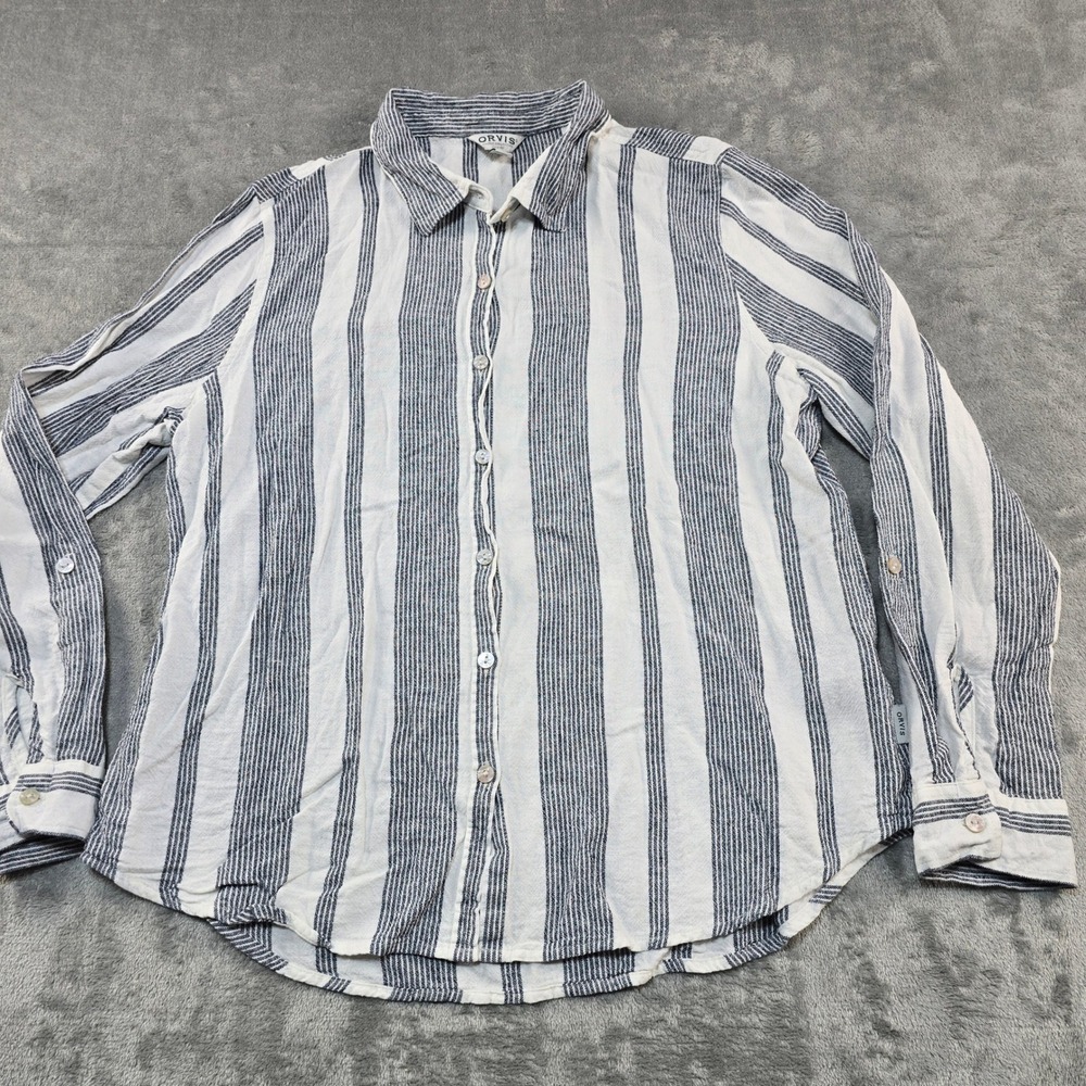 Orvis Striped Linen Blend‎ Button Down Shirt Womens Large Blue White Coastal L